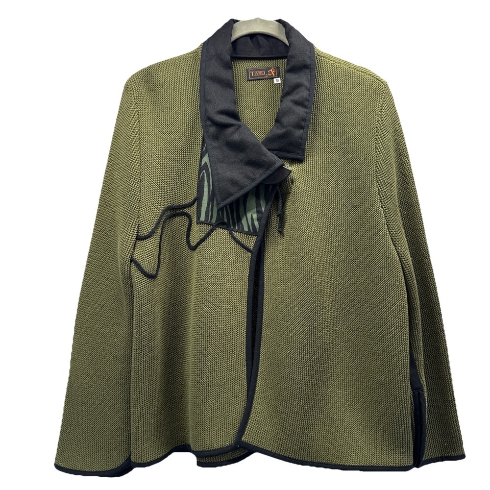 Tivoli Women's Designer Sweater Cardigan Size M Green Black Knit Button Collar